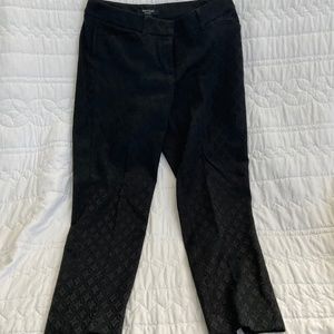 White House Black Market slim ankle pant sz 4P black on black FleurDeLis pattern